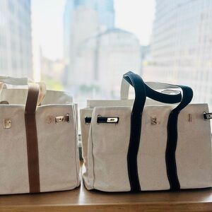 Organic Cotton Black and Natural Shoulder Tote Bag with Gold Accents